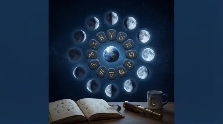 Fasi lunari disposte in un cerchio attorno alla Terra con simboli zodiacali