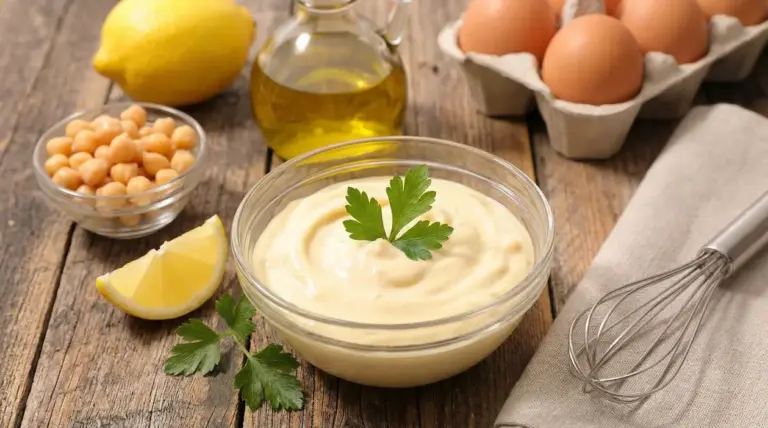 Ciotola di maionese di ceci con limone, ceci, olio e uova su tavolo rustico
