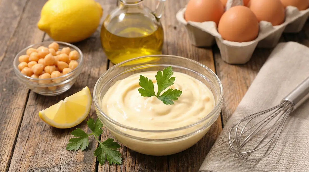 Ciotola di maionese di ceci con limone, ceci, olio e uova su tavolo rustico