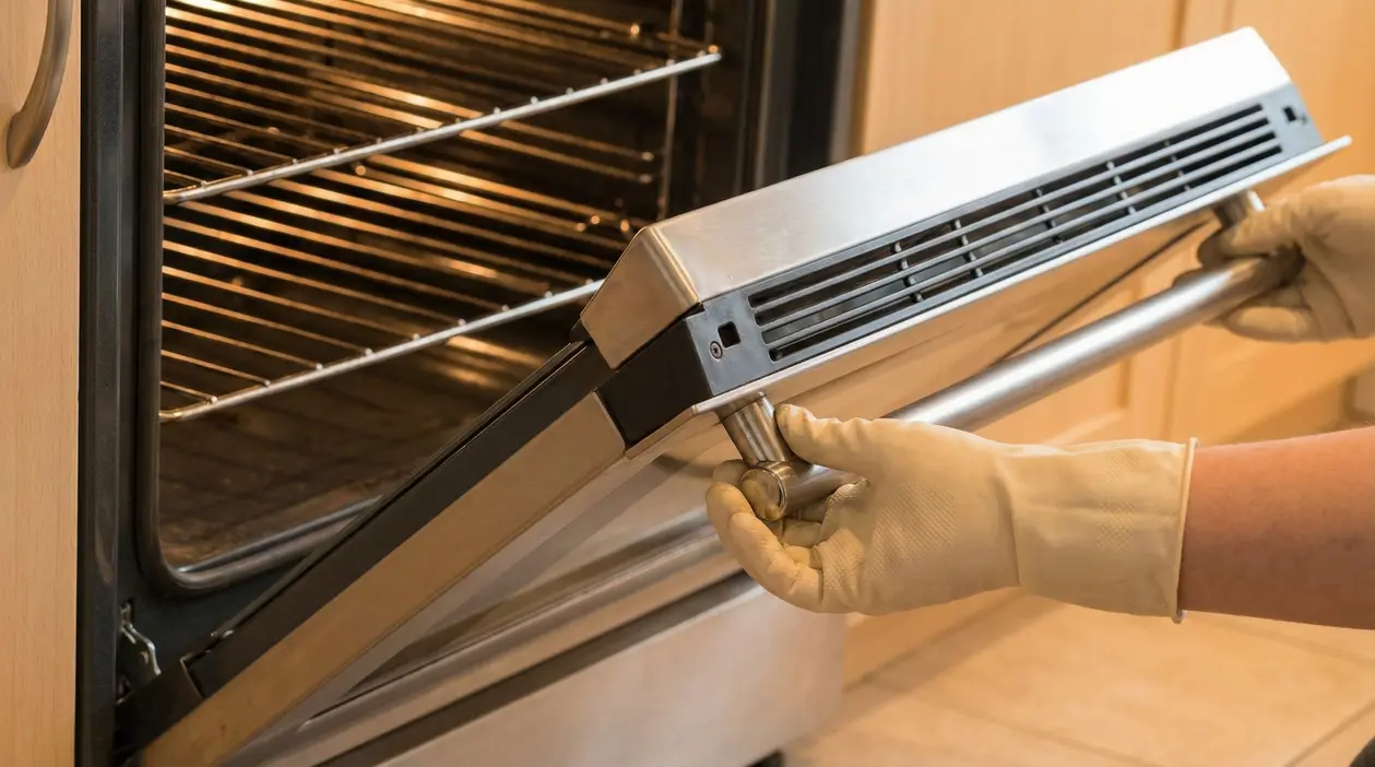 Mani con guanti che regolano una manopola sullo sportello aperto di un forno da cucina
