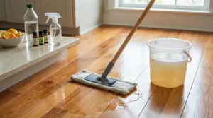 Mocio e secchio con miscela naturale su pavimento in legno lucido