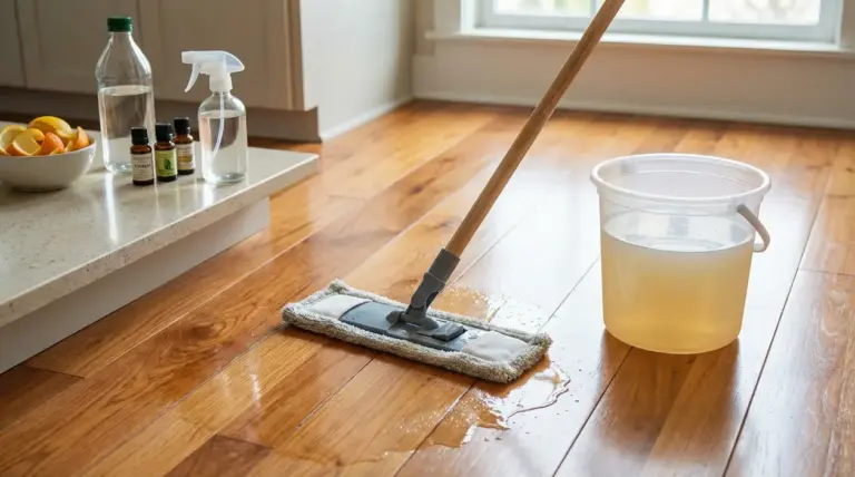 Mocio e secchio con miscela naturale su pavimento in legno lucido