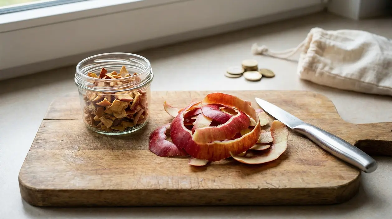 Bucce di mela su un tagliere accanto a un barattolo di chips essiccate