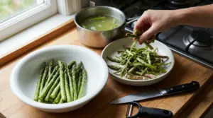 Preparazione degli asparagi con bucce e gambi separati in una cucina
