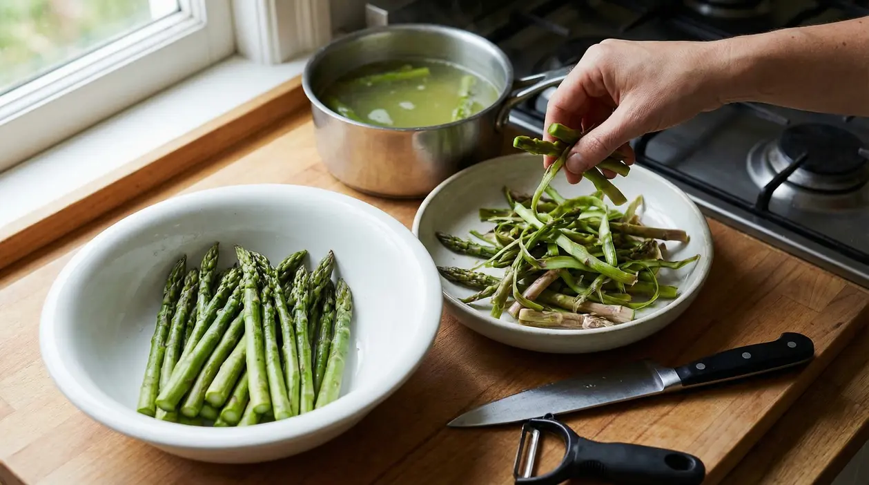 Preparazione degli asparagi con bucce e gambi separati in una cucina