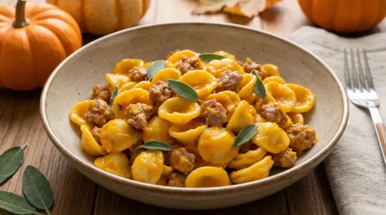 Piatto di orecchiette con crema di zucca, salsiccia e foglie di salvia