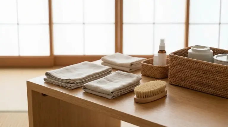 Tovagliette piegate, spazzola e contenitori su un tavolo in una stanza ordinata in stile giapponese