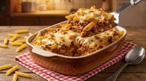 Pasta al forno con besciamella e ragù servita in una teglia su un tavolo rustico