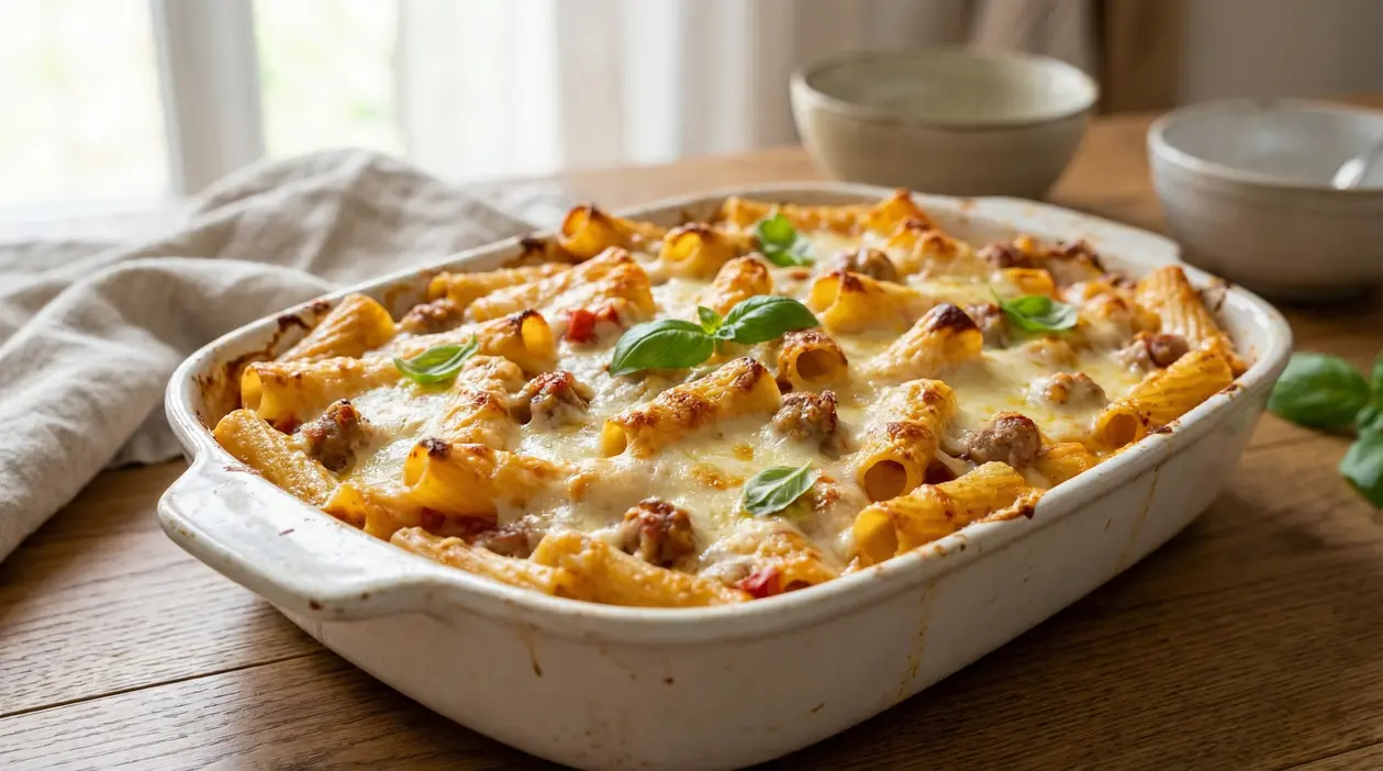 Pasta al forno con formaggio fuso, carne e basilico in una pirofila bianca su un tavolo.