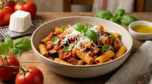 Piatto di pasta alla Norma con melanzane, pomodoro e ricotta salata grattugiata