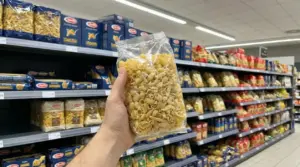 Una mano tiene un sacchetto di pasta davanti a uno scaffale di supermercato con diverse marche di pasta.