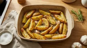 Patate al forno dorate in teglia con aglio e rosmarino su tavolo di legno