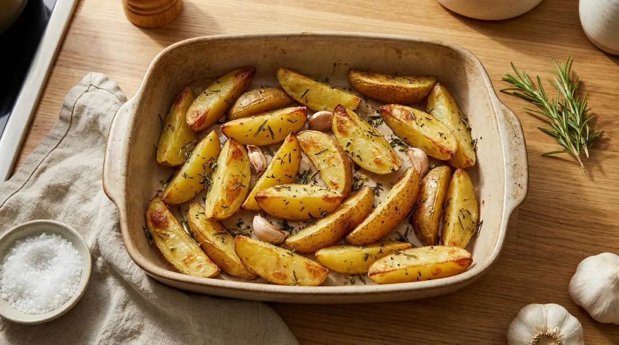 Patate al forno dorate in teglia con aglio e rosmarino su tavolo di legno