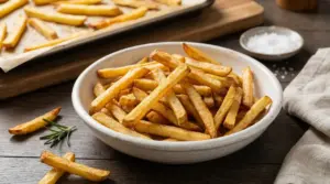 Patatine fritte croccanti servite in una ciotola bianca su un tavolo di legno