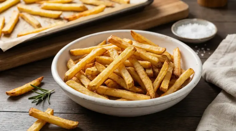 Patatine fritte croccanti servite in una ciotola bianca su un tavolo di legno