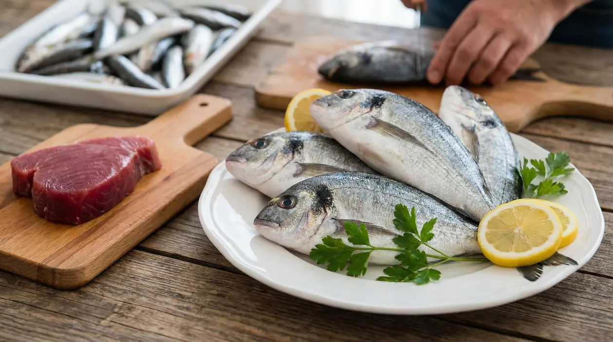 Pesce crudo su piatto con limone e prezzemolo su tavolo di legno