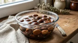 Ciotola di vetro con castagne immerse in acqua su un tavolo di legno