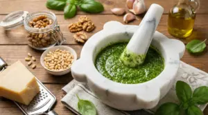 Mortaio con pesto alla genovese e ingredienti freschi su un tavolo in legno