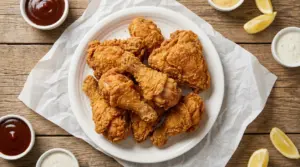 Piatto di pollo fritto croccante con salse e fette di limone su un tavolo rustico in legno