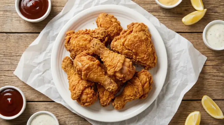 Piatto di pollo fritto croccante con salse e fette di limone su un tavolo rustico in legno