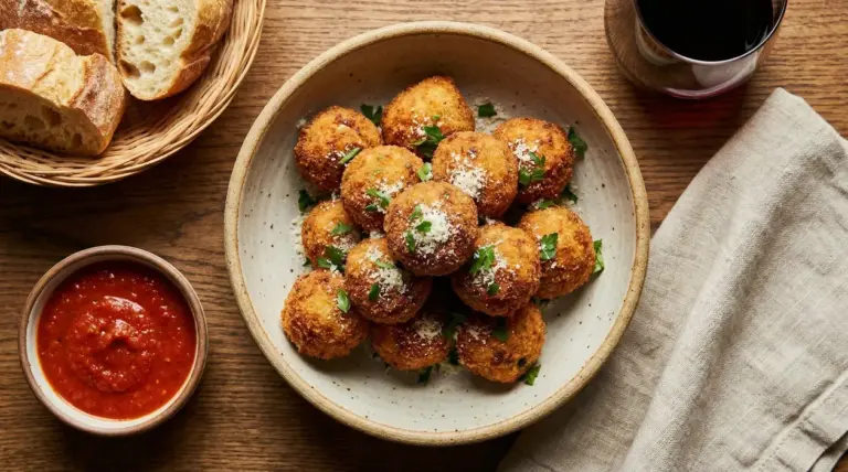Polpette di ricotta dorate servite in una ciotola con salsa rossa, pane e un bicchiere di vino