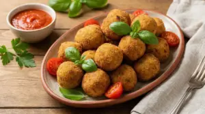 Polpette dorate alla ricotta servite con basilico fresco e pomodorini
