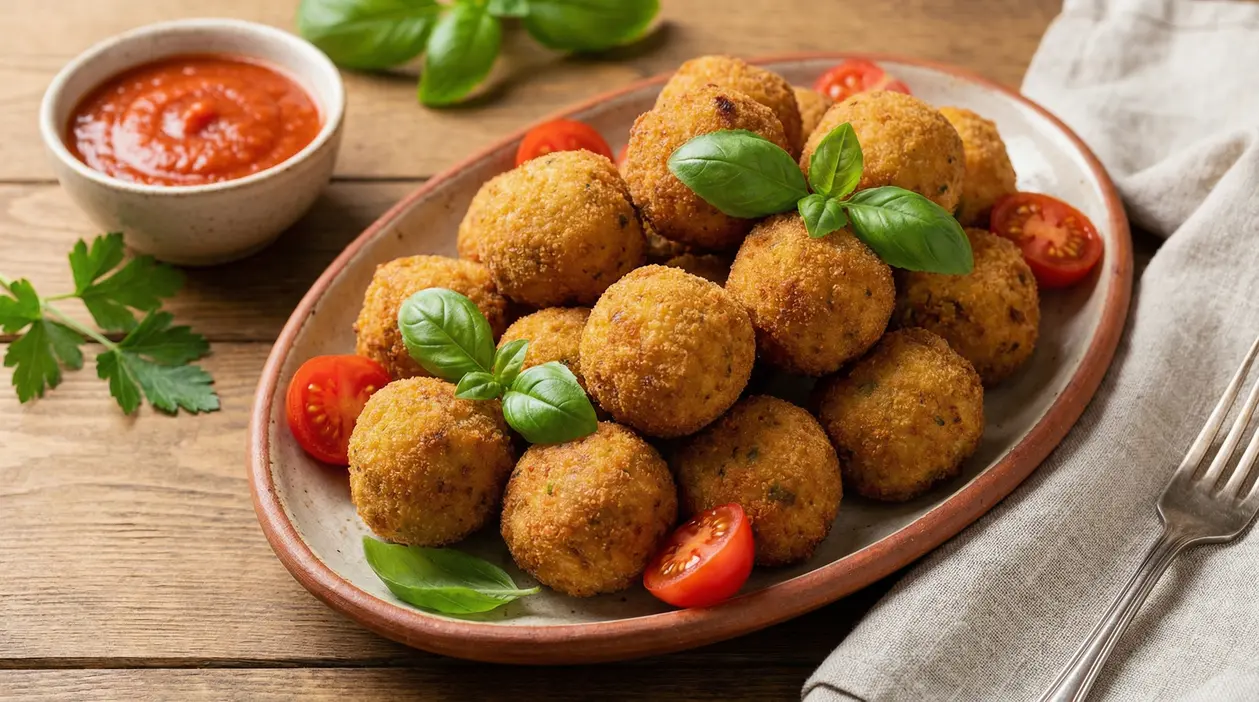 Polpette dorate alla ricotta servite con basilico fresco e pomodorini