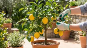 Persona che pota un albero di limone in vaso con cesoie da giardinaggio