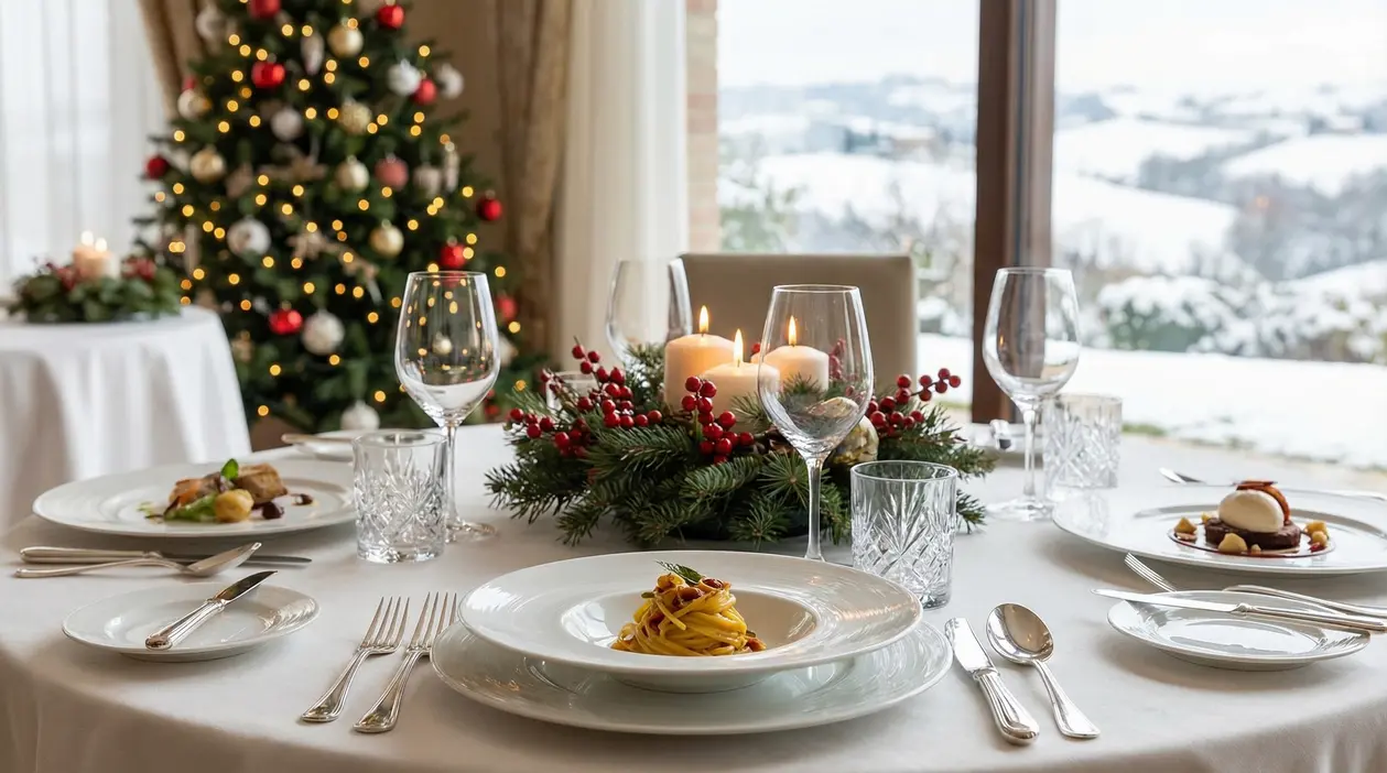 Tavola di Natale elegante con piatti gourmet e decorazioni festive in un ristorante con vista innevata