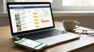 Schermo di un laptop con sito per prenotare B&B economici e smartphone con app di viaggio