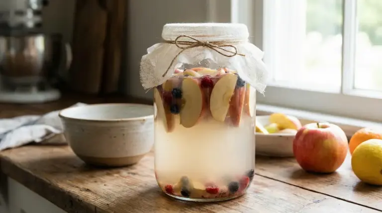 Barattolo di acqua fermentata con fettine di mela e frutti di bosco su un tavolo di legno