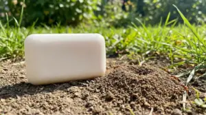 Saponetta bianca vicino a un formicaio su terreno erboso in giardino