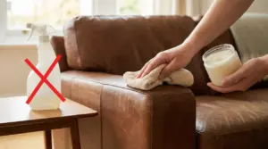 Mani applicano un prodotto naturale su un divano in pelle con un panno morbido