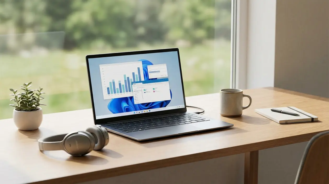 Laptop su una scrivania con grafici sullo schermo, tazza, cuffie e pianta accanto