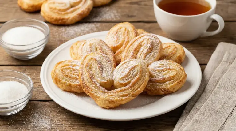 Piatto con prussiane fatte in casa spolverate di zucchero a velo, accanto a una tazza di tè