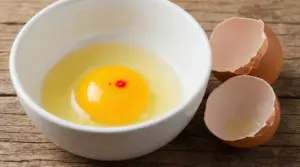 Uovo crudo in una ciotola con un puntino rosso sul tuorlo accanto a gusci vuoti