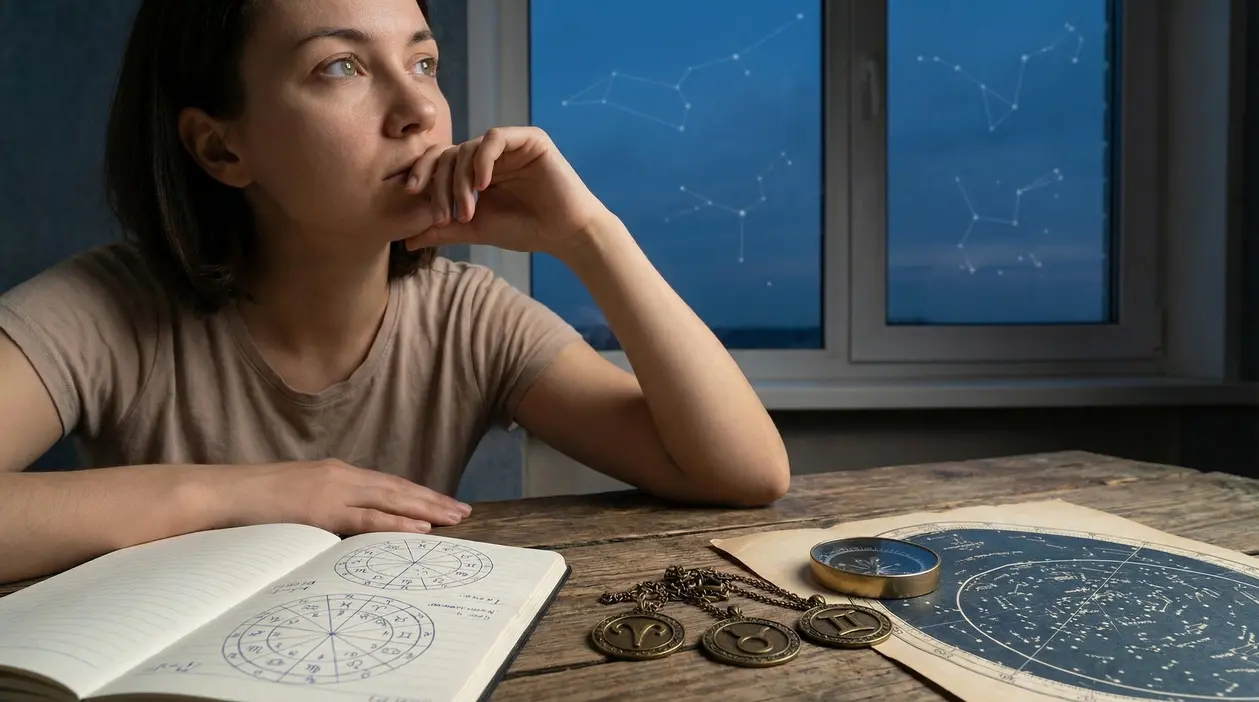 Una persona riflette osservando carte astrologiche e costellazioni fuori dalla finestra