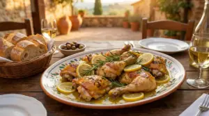 Piatto di pollo al limone con rosmarino servito all'aperto su tavola rustica