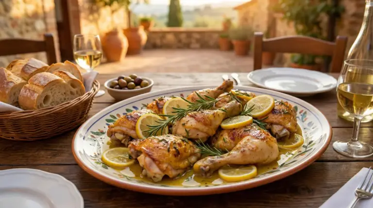 Piatto di pollo al limone con rosmarino servito all'aperto su tavola rustica