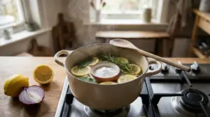 Pentola sul fornello con fette di limone, rosmarino, alloro e bicarbonato che bollono in acqua