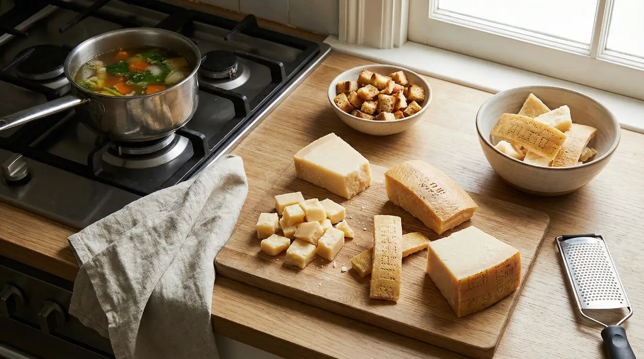 Croste di formaggio e pezzi di Parmigiano su un tagliere vicino a una pentola di brodo