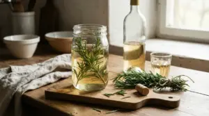 Barattolo con rosmarino immerso nel vino bianco su tavolo di legno rustico