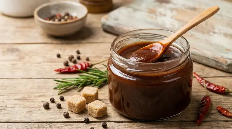 Barattolo di salsa barbecue fatta in casa con cucchiaio di legno su tavolo rustico