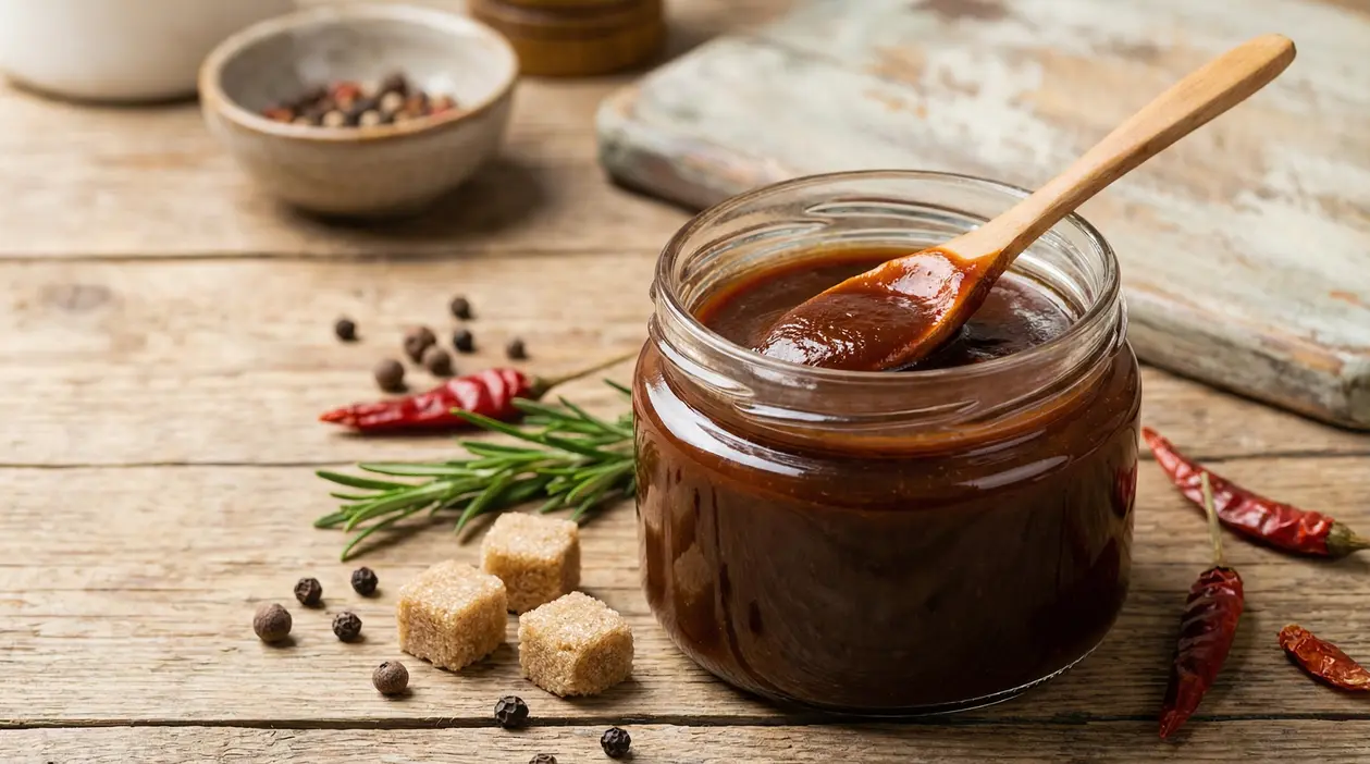 Barattolo di salsa barbecue fatta in casa con cucchiaio di legno su tavolo rustico