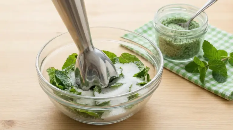 Menta fresca e zucchero in una ciotola di vetro con un frullatore a immersione