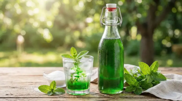 Bottiglia di sciroppo alla menta con bicchiere ghiacciato su tavolo all’aperto