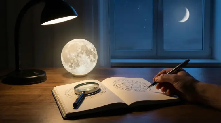 Una mano scrive su un quaderno con schemi astrologici vicino a una lampada lunare e una finestra con la luna crescente.