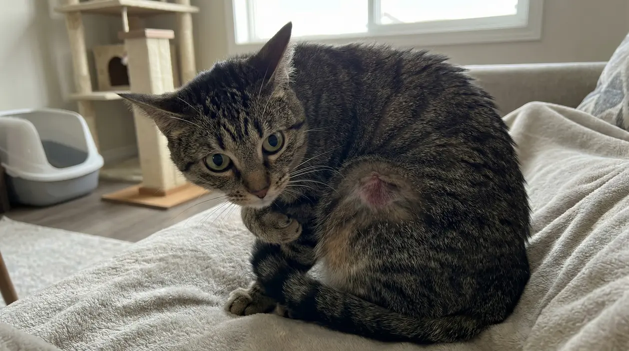 Gatto tigrato domestico con una lesione sul fianco seduto su un divano