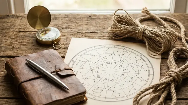 Carta astrologica accanto a una bussola, un diario in pelle e una corda su tavolo di legno