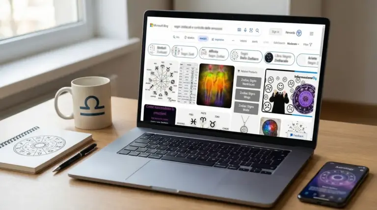 Computer portatile su scrivania con immagini astrologiche e tema zodiacale sullo schermo